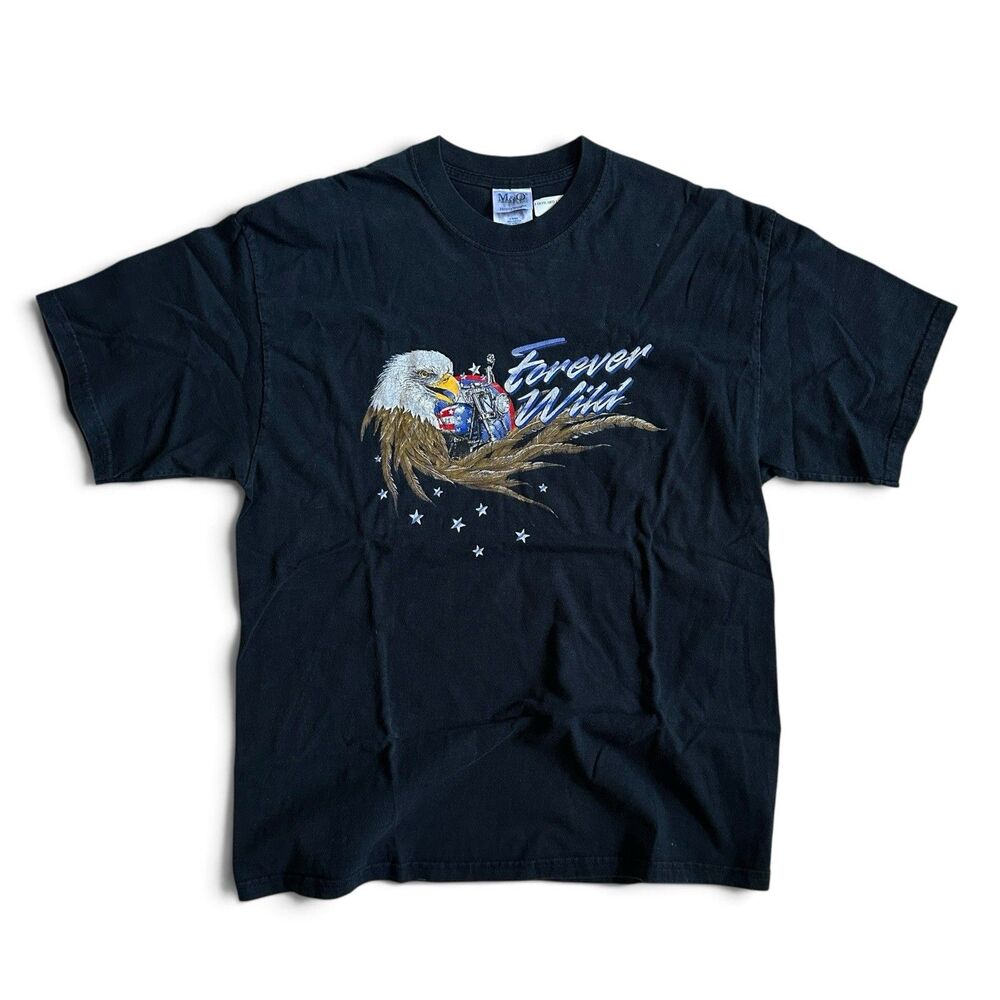 Vintage 90s Forever Wild Bald Eagle Patriotic T-Shirt XL Biker Black Fade USA